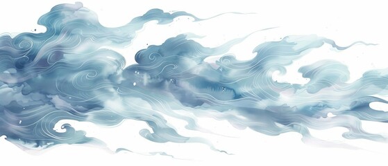 A dynamic cartoon pack of cirrus clouds, wispy and fast-moving, racing each other, illustrated in watercolor on white