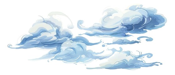 Fototapeta premium A dynamic cartoon pack of cirrus clouds, wispy and fast-moving, racing each other, illustrated in watercolor on white