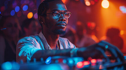 African american DJ playing music on turntable during nightclub party