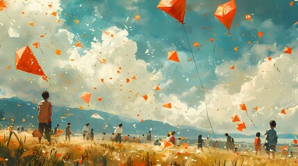 A joyful crowd participating in a kite-flying competition, with kites of various shapes and sizes dotting the sky