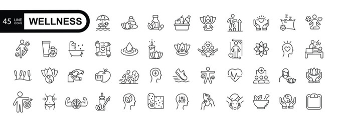 Wellness web icon set in line style. Relaxation, spa, sleep, yoga, health, lifestyle, spiritual practice, meditation, collection. Vector illustration.