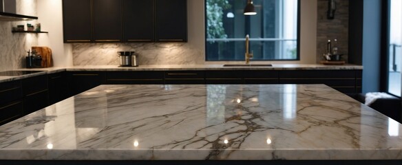 Modern empty dark horizontal marble table top or kitchen island on blurry bokeh kitchen room interior background for montage product display