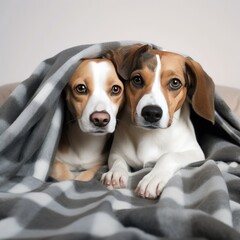 Two beagle dogs under a grey blanket