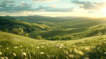 Fototapeta premium A peaceful countryside with rolling hills. Generative AI.