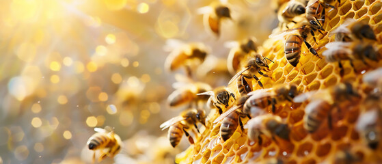 Visualize a honeycomb sphere with golden honey and busy bees Highlight its sweet productivity - obrazy, fototapety, plakaty