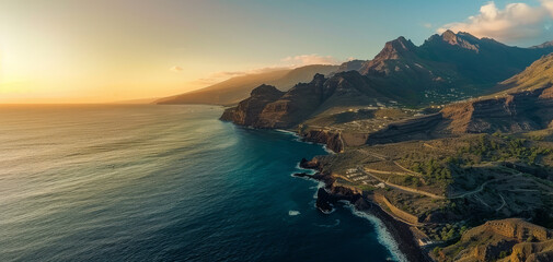 Fototapeta premium Aerial view at sunset of the seacoast in south of Tenerife created with Generative AI technology
