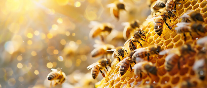 Visualize a honeycomb sphere with golden honey and busy bees Highlight its sweet productivity