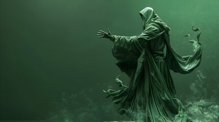 Mysterious hooded figure emerges from swirling green mist,emanating a sense of dark magic and supernatural power