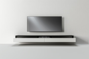 Modern floating media console with TV and decorative items