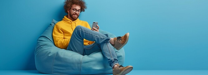 Against a blue backdrop, a full-size image of a perceptive and optimistic man wearing jeans and a sweater sits on a bean bag and looks at his smartphone. - obrazy, fototapety, plakaty