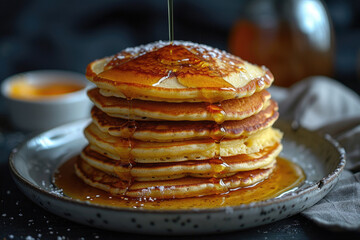 A close-up of a stack of pancakes, with syrup dripping down the sides - obrazy, fototapety, plakaty