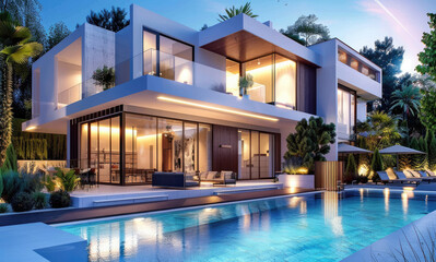 Modern two-story villa with swimming pool, white walls and wood grain windows. The house has an exterior facade