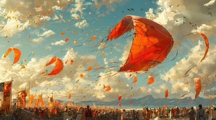 A joyful crowd participating in a kite-flying competition, with kites of various shapes and sizes dotting the sky