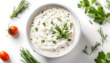 Bowl of sour cream dip sauce with herbs isolated on white background, top view
