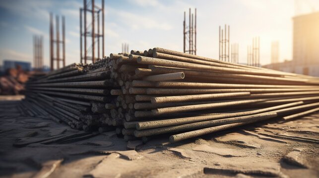 A photo of a construction site with a pile of rebar
