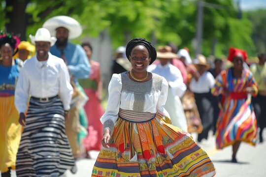 Juneteenth.Enthusiastic group performing a dance routine in a street parade. Generative AI
