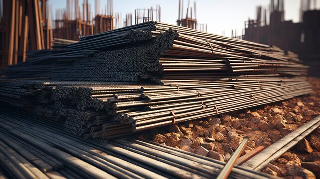 A photo of a construction site with a pile of rebar