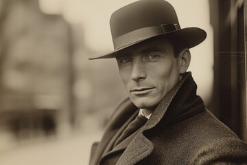 serious confident gentleman male detective aristocrat in a hat and coat on street in city. Vintage black and white historical film photography