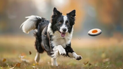 Focused border collie ready to catch frisbee in dynamic mid air action with blurred background - obrazy, fototapety, plakaty