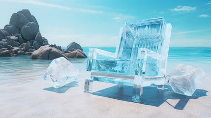 Ice chair on the beach, refreshing concept. Vacation on the hot shore with cold chair.