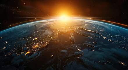 The earth from space, sun rising, half at night cities gleaming. Generative AI.
