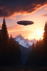 Mysterious unidentified flying object, mountain landscape with dense forest and snow-capped peaks against sunset background.