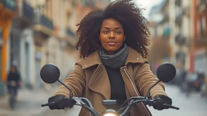 Tuinposter Positive African American woman on an electric bicycle in a city © tongpatong