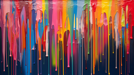 Child-like paint dripping with bright color paint, abstract rainbow colored background