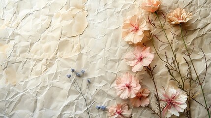 A collection of delicate, pastel-colored flowers gracefully rests upon a crinkled paper texture, creating a soft and artistic composition.