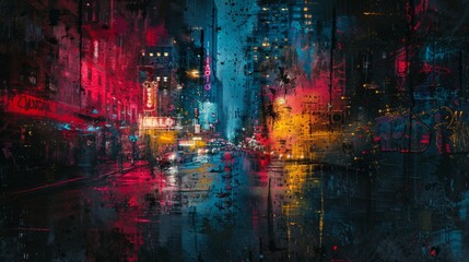 An artistic depiction of a rain-drenched city street at night, illuminated by the chaotic beauty of neon lights and street art.