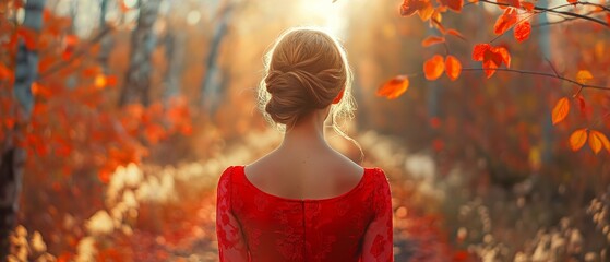 Naklejka premium woman wearing a red dress in a woodland in fall, seen from the back.