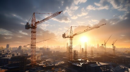 A photo of a construction site with a tower crane. - obrazy, fototapety, plakaty