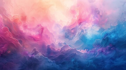 Drifting through a heavenly cloudscape, the vibrant pinks and blues merge to form an ethereal sky filled with light and tranquility. - obrazy, fototapety, plakaty