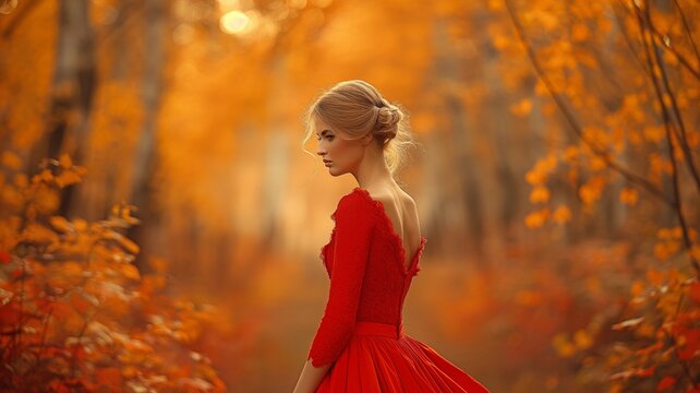 woman wearing a red dress in a woodland in fall, seen from the back.