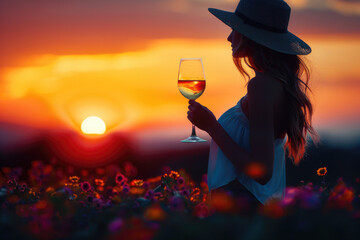 A silhouette of a person holding a glass of wine, against the backdrop of a sunset