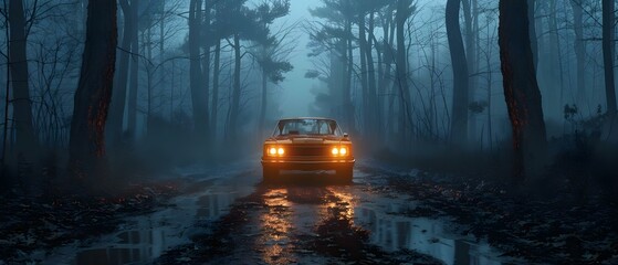Stranded: A Haunting Twilight Drive. Concept Horror, Twilight Drive, Stranded, Haunting, Thriller - obrazy, fototapety, plakaty