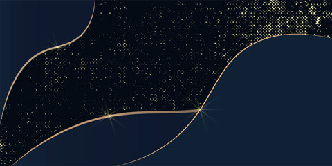 Abstract luxury dark blue wave background with glitter golden lines and dots. Modern simple overlap wave layers elements with shadow decoration.