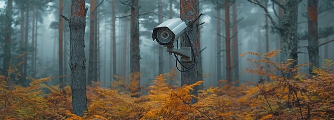 CCTV security camera next to a forest. - obrazy, fototapety, plakaty