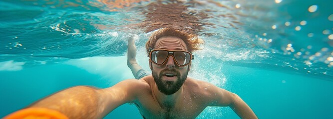 Naklejka premium Selfie with a camera showing a young man diving beneath a large wave in the ocean