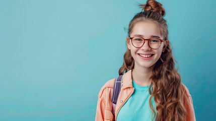 Cheerful pleased school woman model on pastel blue background - obrazy, fototapety, plakaty