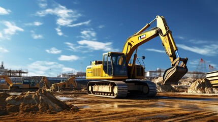 A photo of a construction site with earthmoving equipment - obrazy, fototapety, plakaty