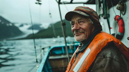 Fototapeta na wymiar Portrait of fisherman on a big boat in Alaska, a career that is risky but gives good rewards