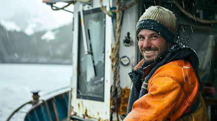 Fototapeta na wymiar Portrait of fisherman on a big boat in Alaska, a career that is risky but gives good rewards