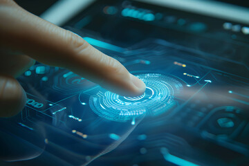 Close up of hand touching digital touch screen on tablet or computer, using biometric fingerprint scanner technology - obrazy, fototapety, plakaty