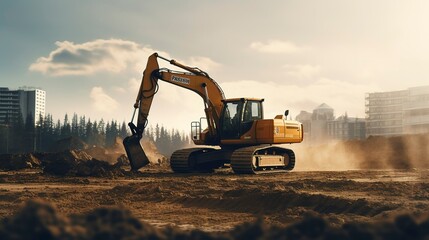 A photo of a construction site with earthmoving equipment - obrazy, fototapety, plakaty