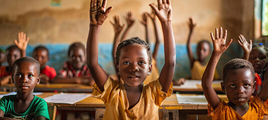 Children raise their hands to answer in the classroom - Powered by Adobe