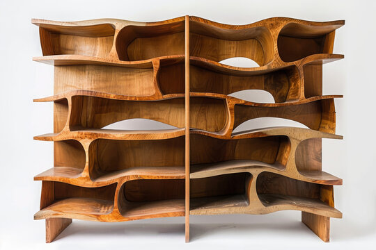 Unique wooden shelf with curved compartments