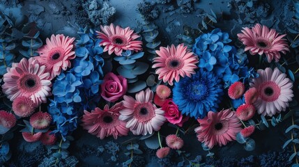 Pink gerberas, blue roses, and daisies arranged on a dark abstract background with a puget flower.