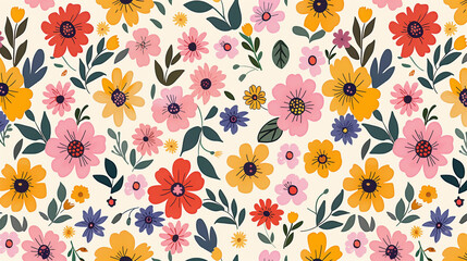 Floral Pattern Illustration Wallpaper with Pink, Yellow, Blue Flowers on Beige Background