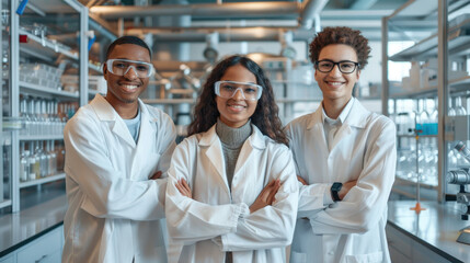 Three young scientists in white coats and safety glasses stand smiling at the camera, they have their arms crossed over each other's shoulders - obrazy, fototapety, plakaty